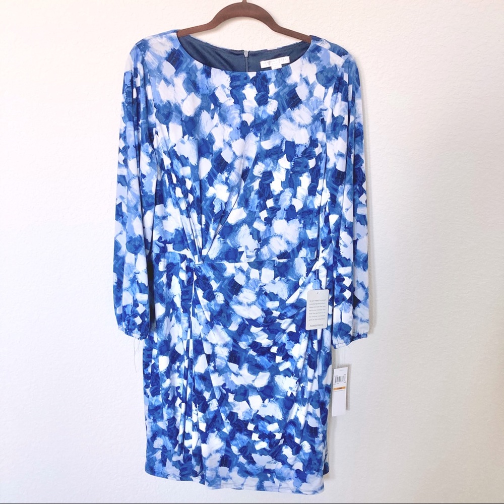 NWT London Times Woman Blue Paint Brush Midi Dress